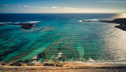 Aerial view of a stunning tropical beach with clear turquoise water and a sandy shore.