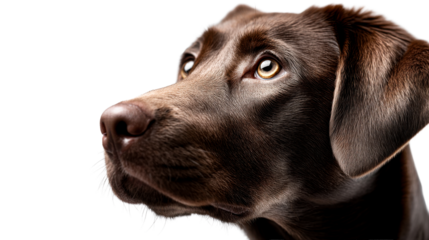 Close up portrait of a chocolate labrador dog with golden eyes looking to the side, perfect for pet care, animal welfare, and canine themed projects.