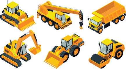 Isometric construction vehicles vector illustration set with excavator bulldozer crane dump truck loader roller heavy machinery isolated on white © Vector's World