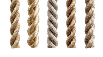 Five textured ropes of varying materials and colors twisted together showcasing natural fiber and metallic sheens for versatile craft and decorative applications