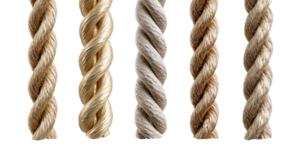Five textured ropes of varying materials and colors twisted together showcasing natural fiber and metallic sheens for versatile craft and decorative applications