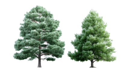 Two majestic pine trees with lush green foliage presented in full view for landscaping and architectural visualization projects