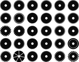 Set of circular saw blade icons, construction tool silhouettes, industrial wood cutting discs, rotating steel mill equipment, carpenter workshop hardware icons, isolated vector illustrations.