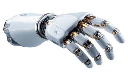Advanced robotic hand with intricate metallic joints and smooth white casing representing futuristic technology and innovation for industrial or medical applications