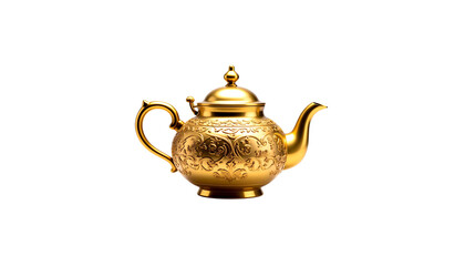 An antique porcelain teapot is shown isolated against a white background