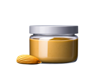 Glass jar filled with creamy almond butter next to a whole almond, perfect for healthy eating and gourmet cooking presentations