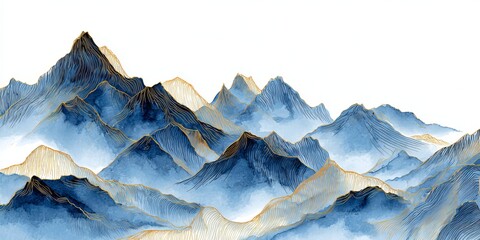 Blue and gold watercolor mountains with delicate line art