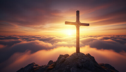 Wooden cross standing mountain peak during sunset with clouds below and colorful sky
