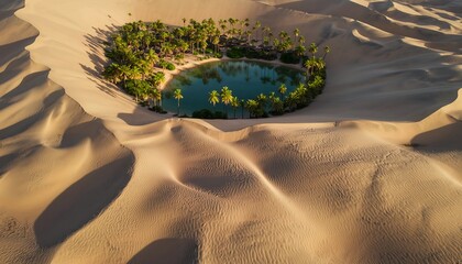 Aerial view of a vibrant green oasis nestled within the vast, golden sand dunes of a desert landscape under bright sunlight.