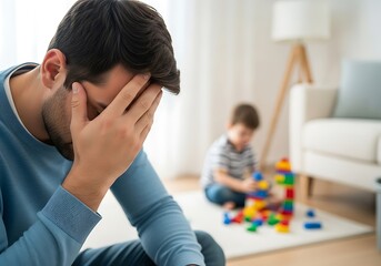 Stressed Father with Hand on Forehead Boy Playing Blocks
