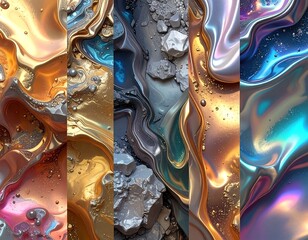Collection of stylized, liquid-like, shimmering, abstract textures