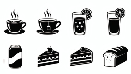 Diverse collection of black and white graphic icons featuring common food items and refreshing beverages, ideal for menus, digital media, and culinary themes