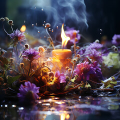 Purple flowers with burning candle and water drops, mystical ritual or memorial concept with smoke