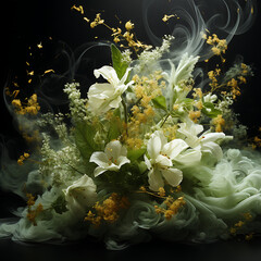 Elegant white flowers blooming in green swirling smoke, abstract fluid botanical art on black