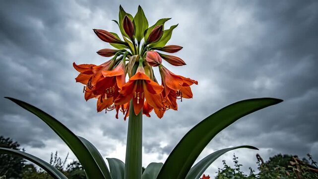 Fiery orange Clivia miniata flower standing tall with green leaves against a dramatic cloudy sky