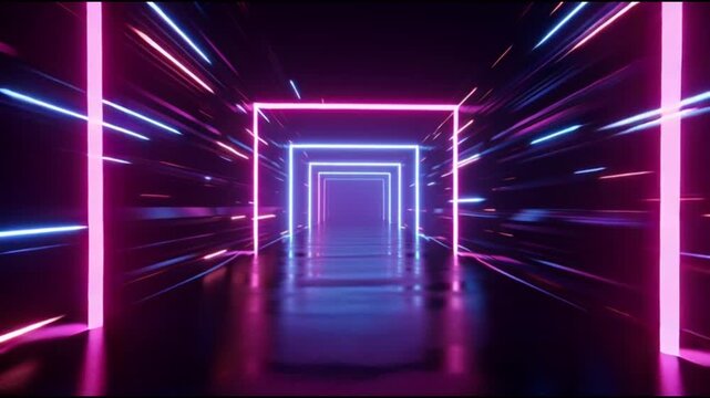 A high-quality slow-motion close-up shot of a neon-lit futuristic corridor in landscape orientation