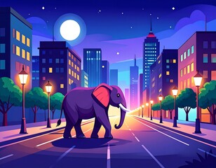 A lone elephant strides down a city street under a full moon