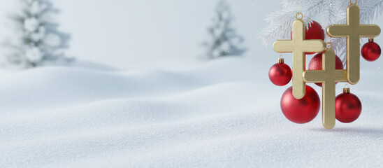 Festive Christmas decoration hanging snow covered tree branch with winter landscape background