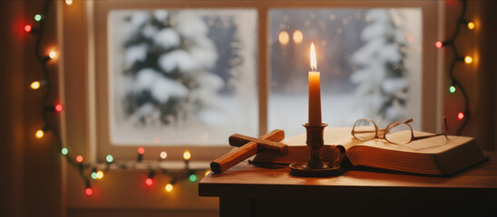 Cozy winter scene with candlelight and holiday decorations creates warm festive atmosphere by