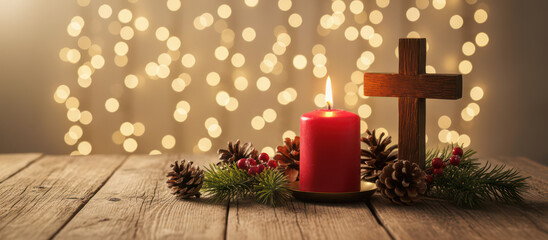 Christmas and religious decoration with candle, pinecones, and cross on wooden table