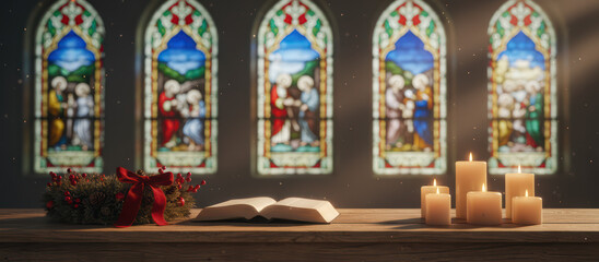 Open Bible with lit candles and festive decoration front of stained glass windows, creating