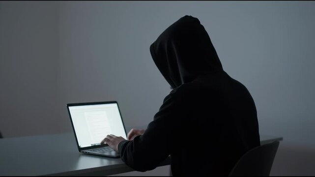Person in hoodie intensely working on laptop in dark room