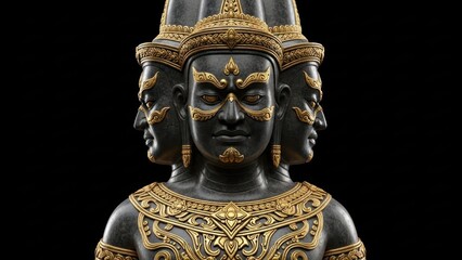 Ancient deity statue with three heads adorned with ornate golden embellishments detailed sculpture