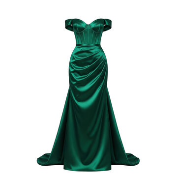 Emerald green satin corset gown with ruched skirt, isolated on transparent background