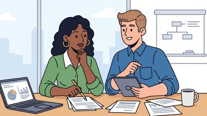 Diverse professionals collaborating in a modern office setting discussing project strategies and