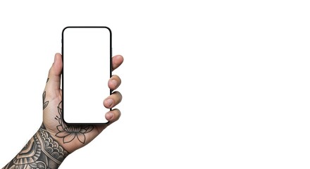 Tattooed hand holding smartphone with blank white screen isolated on white background, modern mobile mockup for app UI design, technology branding, and digital presentation.