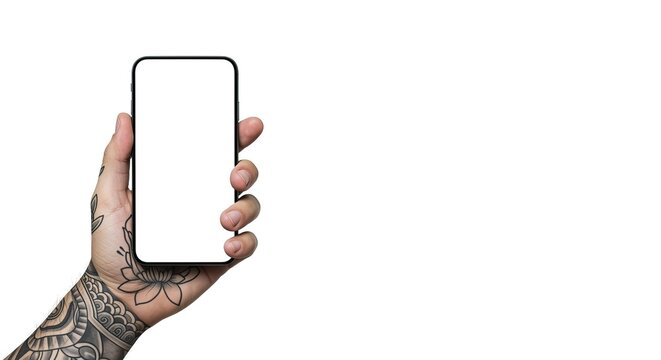 Tattooed hand holding smartphone with blank white screen isolated on white background, modern mobile mockup for app UI design, technology branding, and digital presentation. - Powered by Adobe