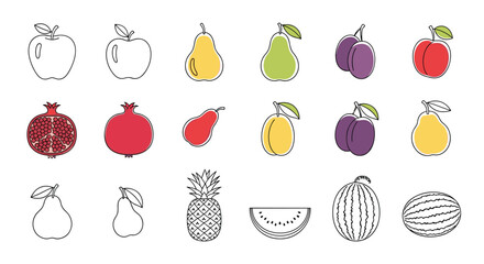A collection of various fruits in a minimalist line art style with colorful accents including apple pear plum and watermelon.