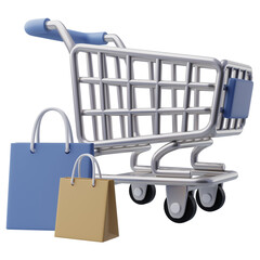 3D Shopping Cart with Paper Bags Beside It