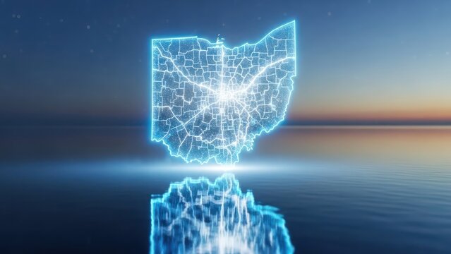 Ohio state futuristic glowing map over water reflecting a serene digital representation