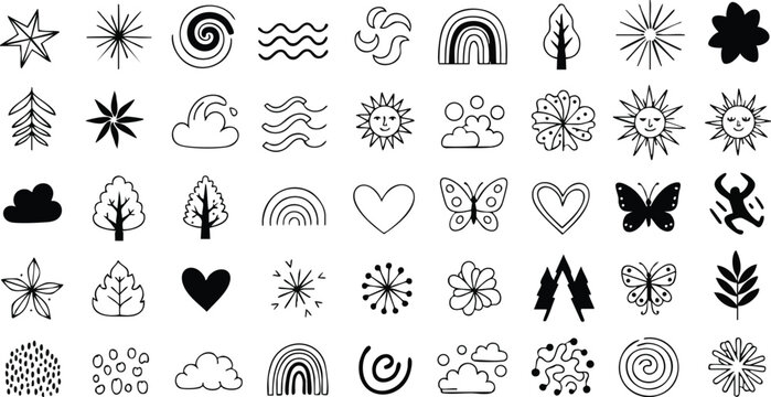 Cute hand drawn doodle elements including stars, rainbows, suns and hearts, creative black vector illustration on transparent background