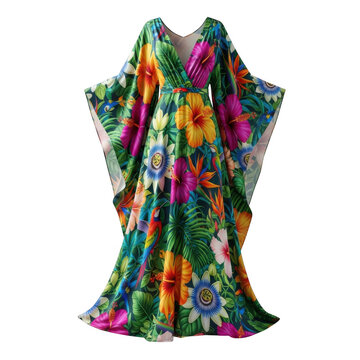 Vibrant tropical floral and parrot print kaftan dress isolated on transparent background