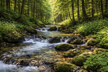 Obraz premium Freshwater stream flowing through a peaceful forest