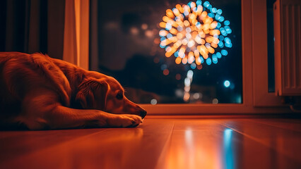 Dog Watching Fireworks from Indoors celebration night