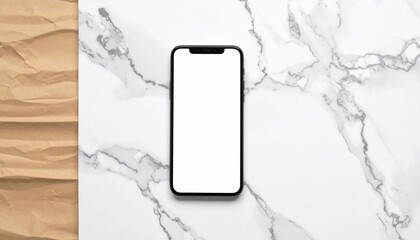 Phone with blank screen on marble and crinkled paper, top-down view