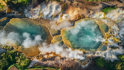 Aerial view of geothermal hot springs with vibrant turquoise water and steam rising from the volcanic landscape.