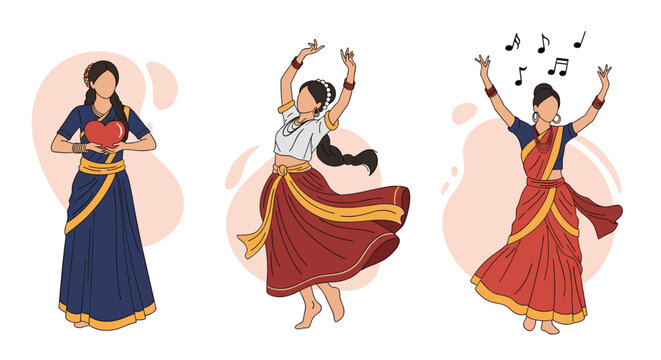A set of three illustrations of a beautiful Indian woman in traditional dress expressing love dancing and enjoying music.