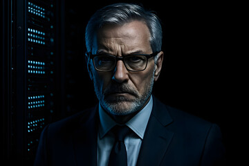 Intense portrait of a senior executive in a dark server room, symbolizing data security, IT management, or corporate power.