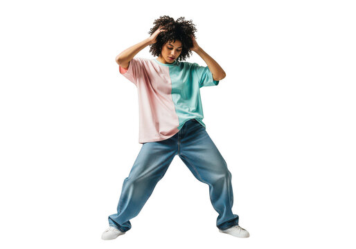 Stylish woman with afro hair in a colorful shirt isolated on transparent background