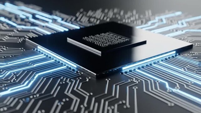 Advanced microprocessor with glowing circuitry on a circuit board for high-tech applications