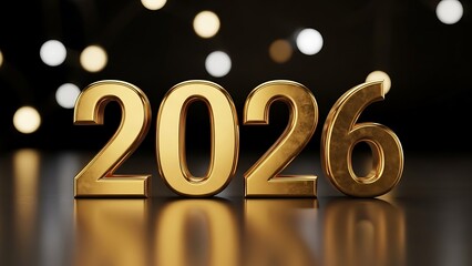 Golden 2026 Numbers on Reflective Surface with Bokeh Lights