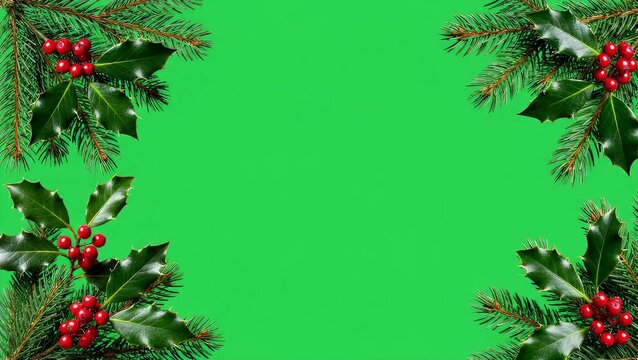 Festive christmas frame made of holly leaves and pine branches