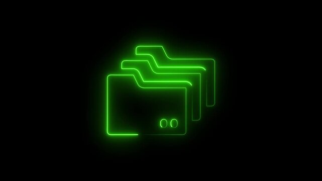 Abstract glowing neon universal folder icon  efficient digital file organization animation. on black background..