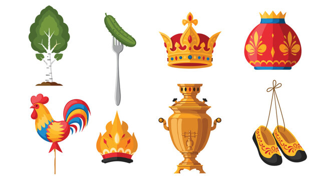 Collection of traditional Russian cultural symbols including a samovar a crown a rooster lollipop and decorative bast shoes.