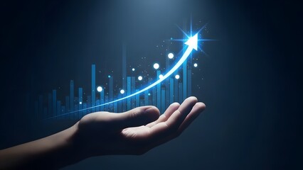 Hand cradling an ascending blue graph with glowing dots and bars on a dark background