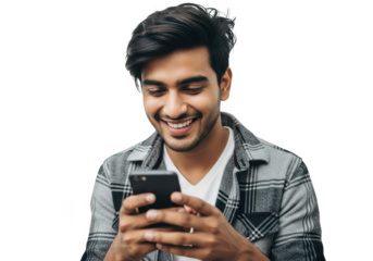 Young man smiling while using his smartphone, isolated on transparent background